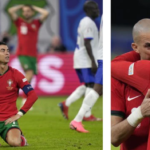 (LEFT) Portugal's Cristiano Ronaldo reacts after failing to score during the quarter-final against France at the Euro 2024 tournament in Hamburg; (RIGHT) Ronaldo consoles Pepe.