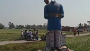 New Dr. Ambedkar statue installed in Bahadurpur village after the original was desecrated, leading to protests and police intervention.