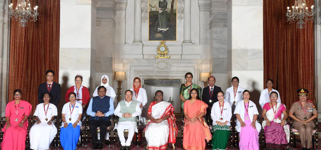 President Murmu presents the Florence Nightingale Awards 2024 to 15 nurses at Rashtrapati Bhavan, recognizing their outstanding service in healthcare.