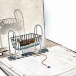 Illustration of a small cradle placed on a desk with papers and documents underneath. A string with a small tag hangs from the cradle. The cradle casts a shadow on the wall behind, resembling a baby inside. The image symbolizes adoption, legal paperwork, and documentation.